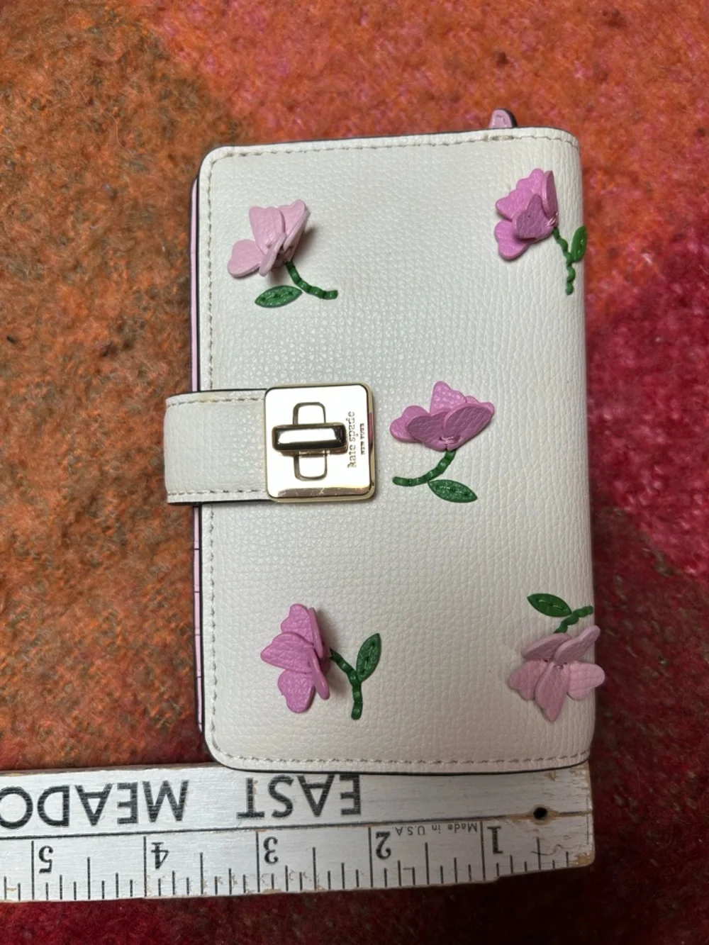 kate spade White Leather Wallet with Pink Floral Appliqué and Green Leaves